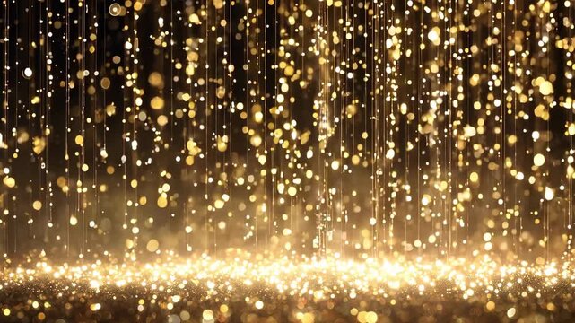 Golden lights twinkle and shimmer while glistening vertical lines of glitter fall gracefully, forming a display of light and movement against a black background