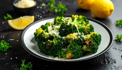 Roasted broccoli florets topped with cheese on a plate