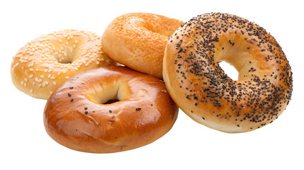 Assorted freshly baked bagels with sesame and poppy seeds on white background for sale at bakery