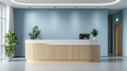 Dental Clinic Reception counter mockup welcome front entrance Modern style interior registration dentist copy space desk indoor decoration design front view