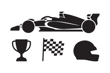 Formula 1 racing icons car trophy flag and helmet silhouette
