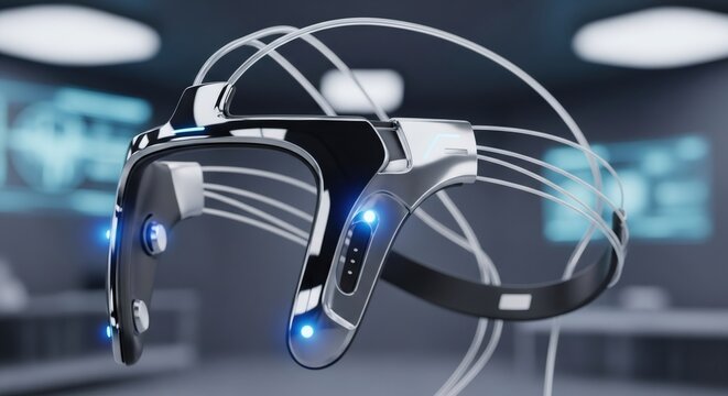 Futuristic brain-computer interface device for virtual reality and augmented reality. Cybernetic headset for innovative technology research and development concept.
