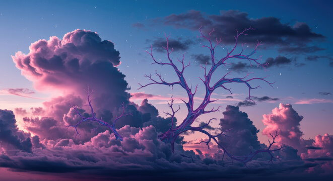 Tree branches against cloudy twilight sky