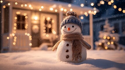 Snowman surrounded by snow front of house glowing lights winter cozy festive night