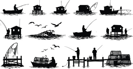 Fishing silhouettes, fishermen on boat, fishing pier, fishing nets, coastal fishing scene, birds flying, ocean waves, fishing lifestyle, fish traps, sea life, outdoor activity, water sports