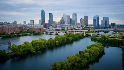 Minneapolis Skyline with Mississippi River and Bridges at Dusk Keywords: minneapolis, skyline
