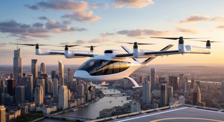 Electric vertical takeoff and landing aircraft flying above urban skyline at sunset, future of air taxi services for city travel.