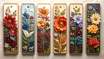 Decorative wooden bookmarks with floral designs