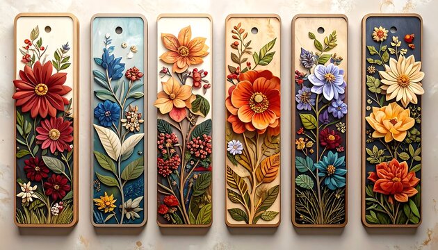 Decorative wooden bookmarks with floral designs