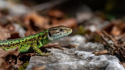 Naklejka premium Green lizard on rocky ground