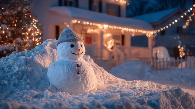 Snowman in snow pile house decorated lights glowing cozy winter night festive - Powered by Adobe