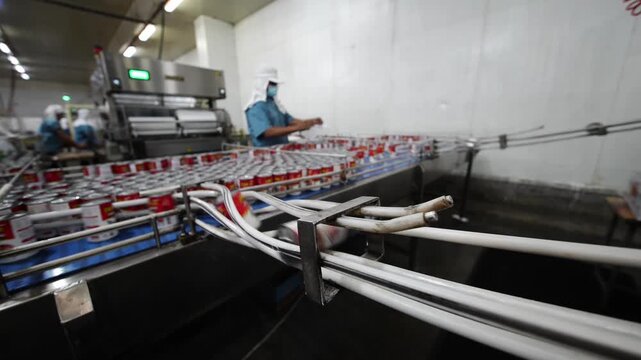 Bottling Line Automation: Workers in protective gear oversee a high-speed bottling line in a modern factory, where rows of identical bottles move along a conveyor belt under bright lights.