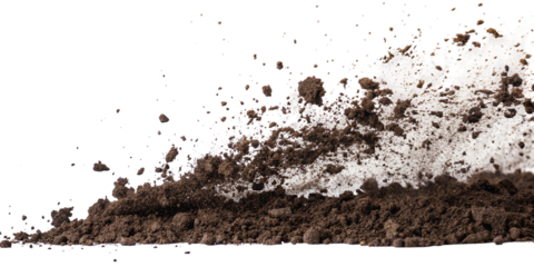 Dynamic particles of earth and dust in motion against a white background for creative projects