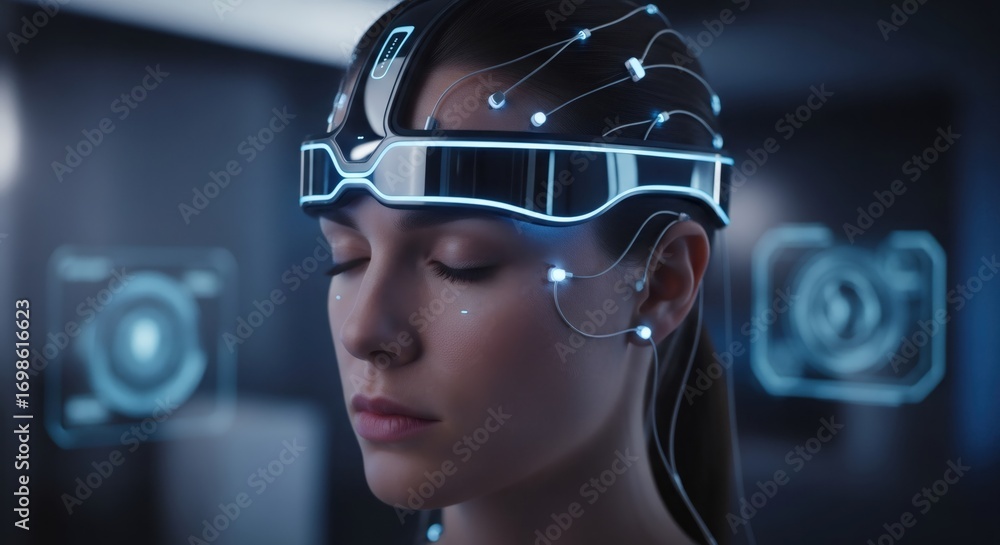 Aufkleber woman experiencing virtual reality with futuristic head-mounted display. digital innovation and adva