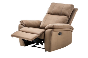 Comfortable recliner chair in beige fabric with padded armrests and adjustable footrest feature