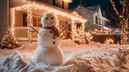 Snowman in snow pile front of decorated house glowing lights cozy winter night
