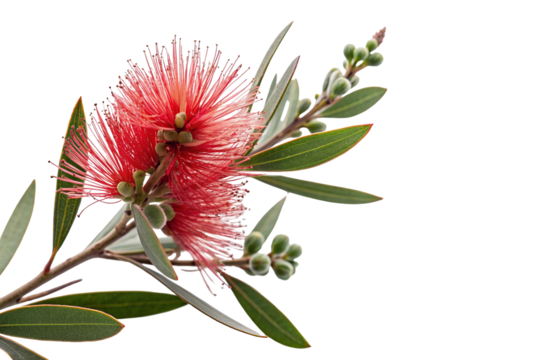 Closeup of vibrant red bottlebrush flower with green leaves isolated on white background landscape