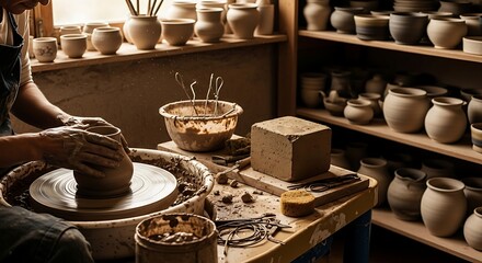 Pottery studio interior with clay on wheel and shelves filled with handmade ceramic vessels.