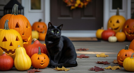 Fototapeta na wymiar Halloween cat amidst carved pumpkins and autumn leaves on porch provides festive feeling. Halloween cat enjoys pumpkins placed on porch, Halloween themed decoration is great for fall season.