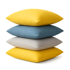 Stack of Four Square Cushions in Yellow Blue and Gray on White Background pillow isolated on a transparent background