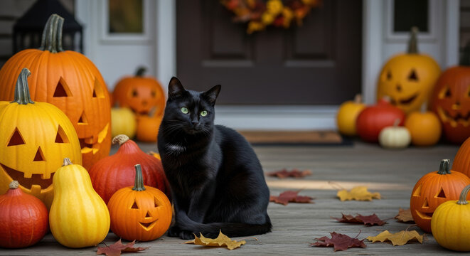 Halloween cat amidst carved pumpkins and autumn leaves on porch provides festive feeling. Halloween cat enjoys pumpkins placed on porch, Halloween themed decoration is great for fall season.