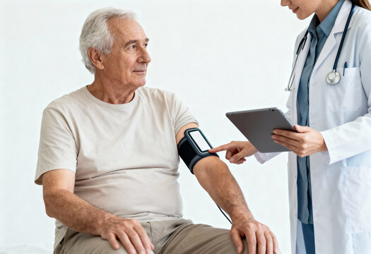 Senior man having blood pressure checked by female doctor with digital monitor and tablet, medical consultation and healthcare service for elderly patient. Wellness, prevention and clinical support