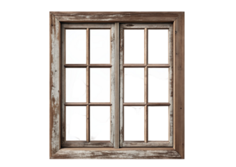 Old rustic window frame with weathered wood and broken glass in rustic design on black background
