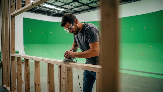 Builder applying finishing touches to a freshly constructed greenscreen cyc wall frame using sanding tools to smooth rough edges.