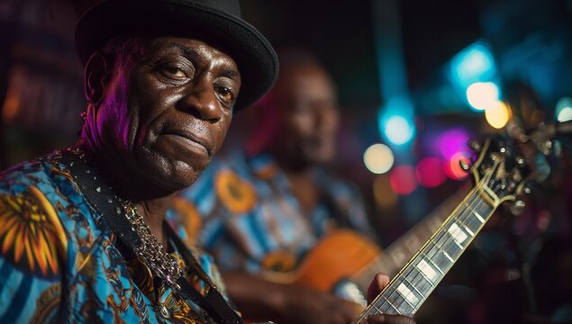 Close-Up of Black Musicians Playing Reggae Music with Guitar and Drums in Caribbean Bar, Colorful Atmosphere with Dancing and Listening Crowd - Powered by Adobe