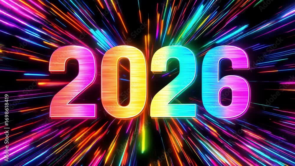 Poster a vibrant display of colors and lights signifies the arrival of 2026 new year over dark backdrop wit