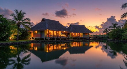 Fototapeta premium Sunset view of tropical waterfront homes