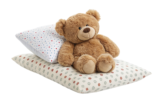 Cute teddy bear resting on colorful soft pillows in serene cozy setting for warm home decor idea
