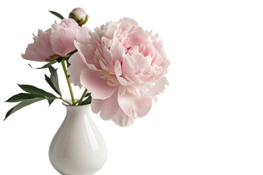 Pink peonies beautifully arranged in a minimalist white vase on a clear isolated background image