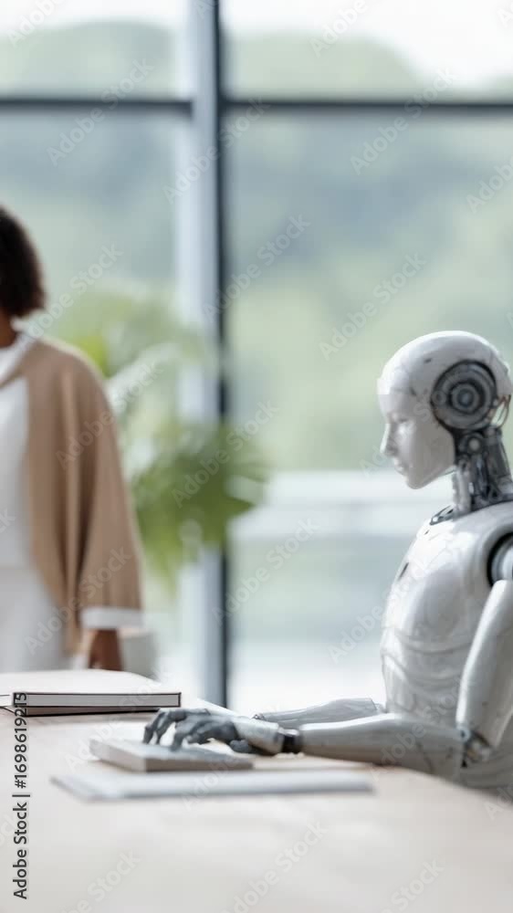 Poster advanced humanoid robot performs office tasks, typing on a keyboard while a businesswoman observes i