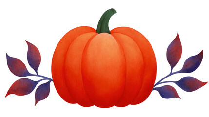 Pumpkin with green stem and purple leaves, autumn harvest, seasonal decoration, festive and cheerful, watercolor illustration, isolated on transparency background