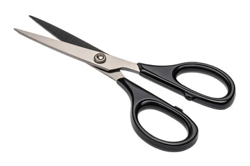Sharp stainless steel scissors for crafts and fabric cutting on black background isolated view