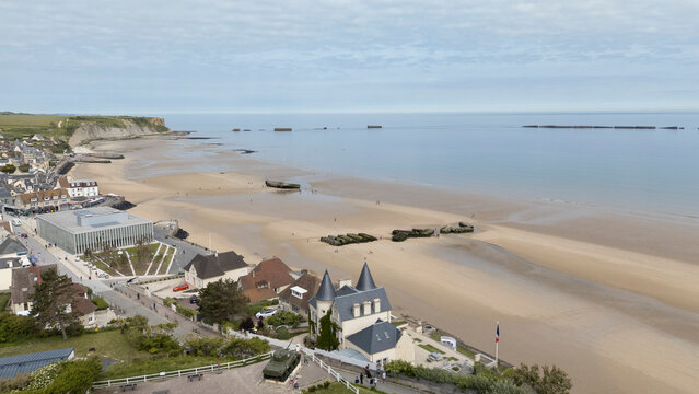 Arromanches les bains, drone view of artificial port at low tide, Normandy