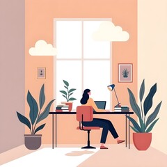 chair, woman, table, interor, computer, room, office home, furniture, desk, buiness, design, vector, illstration, cafe, chairs, latop, cartoon, people, hous, sitting, flowers, food, estaurant, work