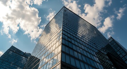 Fototapeta premium Low Angle View of Contemporary Office Building with Cloud Reflections.
