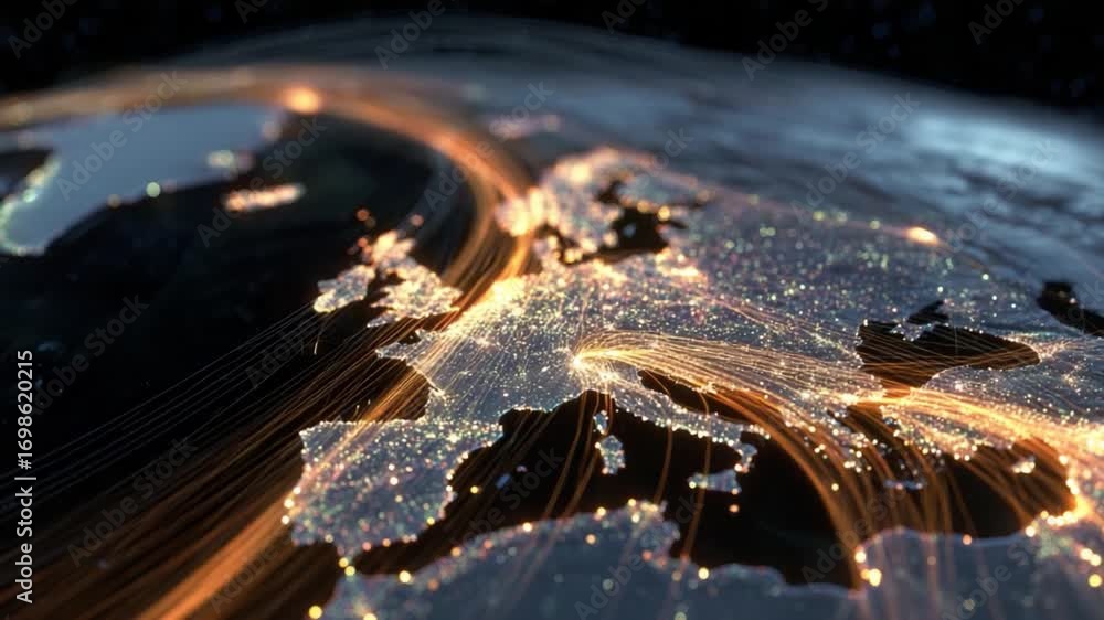 Poster global network: an illuminating view of earth's network, where city lights across the continents bec