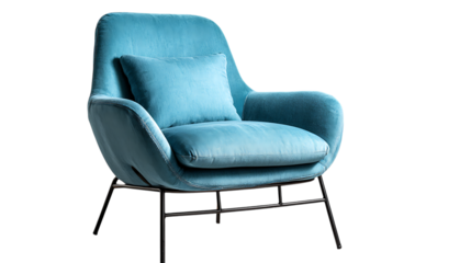 Modern blue lounge chair with black metal frame isolated on white background. 