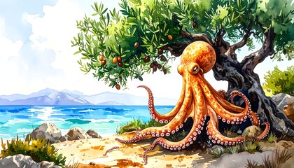 Octopus resting under olive tree by the sea