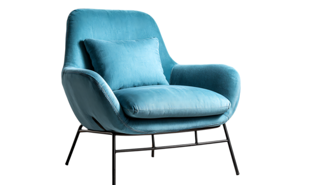 Modern blue lounge chair with black metal frame isolated on white background.