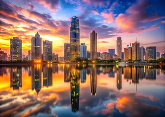 Fototapeta premium Majestic skyscraper skyline at sunset reflecting in calm water with vibrant pastel sky and city lights