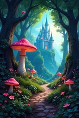 Enchanted forest path winds through giant mushrooms and luminous flora, leading to a mystical castle in the distance Perfect for fantasy, fairytale, or magical realm concepts , woods, magical