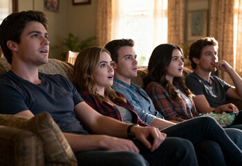 Group of young adults watching television on couch at home living room, reacting with surprise and attention during daytime gathering, friendship, leisure and bonding moment indoors