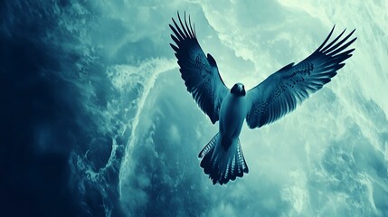 Obraz premium A majestic crow soars through a dramatic sky, its wings outstretched against the backdrop of swirling clouds and ethereal light, creating a sense of freedom