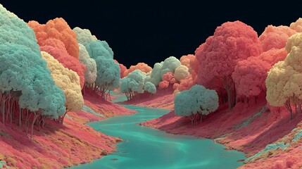 A vibrant, surreal landscape featuring a winding turquoise river flowing through a valley filled with brightly colored trees and foliage under a dark sky.