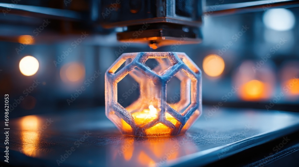 Poster 3d printer creating a detailed geometric design illuminated by warm lights in a modern workshop