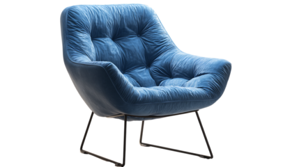 Modern blue lounge chair with black metal frame isolated on white background. 